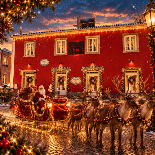 O trenó do Papai Noel com renas em frente a um edifício festivo vermelho em Sintra, Portugal, celebração de férias