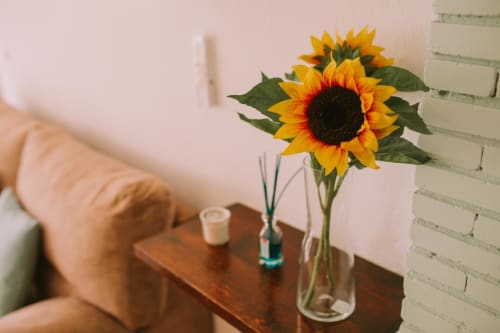 Tournesols dans un vase en verre sur une table en bois dans l'appartement Love Rent4 à Málaga avec un mur beige et canapé