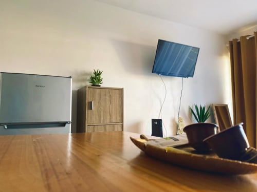 Espace de travail moderne avec TV murale, bureau en bois, mini-réfrigérateur et plantes en pot à Maisons En Or, Cayenne