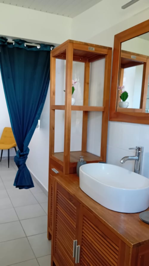 Salle de bain moderne avec vanité en bois, lavabo blanc rond et douche vitrée à la Villa Ti Soley Mafanga, Bouillante