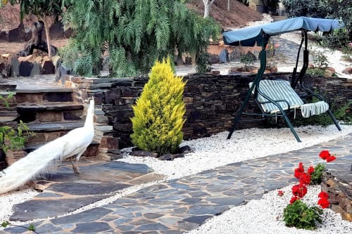 Pátio ajardinado da Casa Cisne, hotel rural SELÃO DA EIRA no Alentejo, Portugal, com caminhos de pedra, arbusto amarelo, vermelho