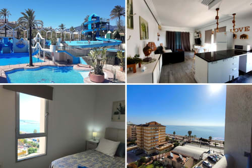 Apartamento VIVE en Benalmádena con vistas al mar, acceso a parque acuático, cocina moderna, dormitorio con balcón, ubicación costera