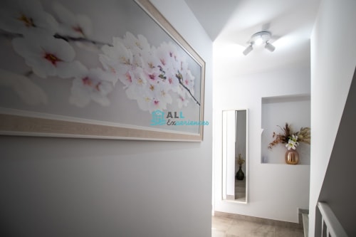 Hall moderno de Casa blanco en setenil de las bodegas con cuadros florales y nicho con espejo