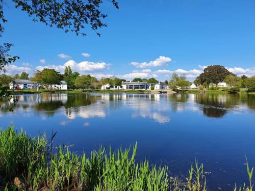 Tranquil waterfront view of Location Vacances Finistère Sud in La Fôret-Fouesnant with modern apartments, trees, and blue sky