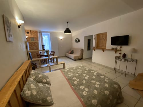 Chambre du Gîte Le Cocon à Chanos-Curson avec lit, coin salon, table à manger et TV dans un aménagement ouvert