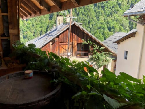 Mountain chalet balcony with lush plants overlooking Les Chalets de l'Eau Rousse in Celliers, French Alps