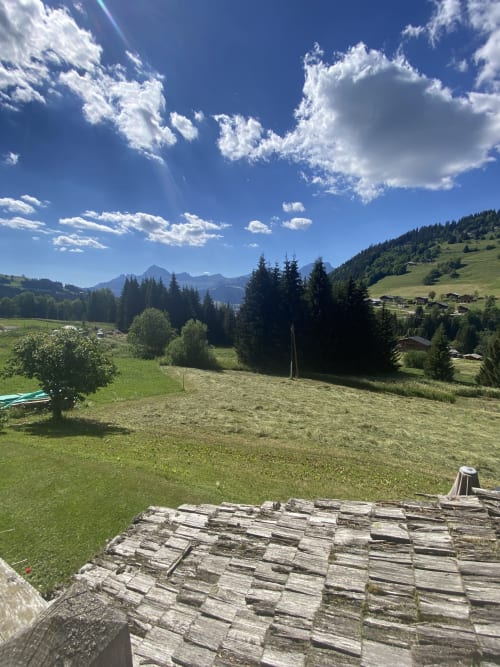 Pré alpin avec vue sur les montagnes, terrasse en bois, prairie verdoyante, forêt et sommets lointains à La Ferme des Georgières