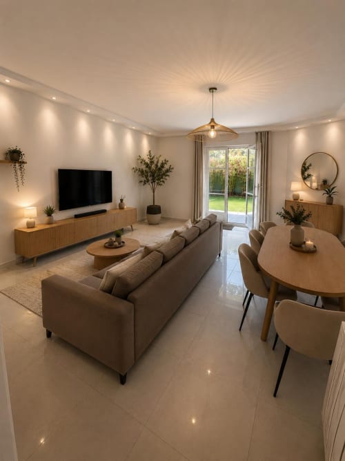 Salon ouvert moderne avec canapé beige, mobilier bois, salle à manger, TV écran plat, vue jardin au Paradis Des