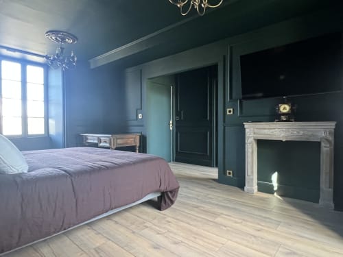 Chambre spacieuse à La Millière en Vendée avec murs bleu-vert, parquet, cheminée et vue sur le jardin