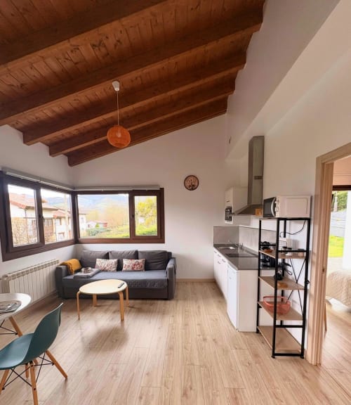 Moderno apartamento de 1 dormitorio en Apartamentos El Respigu, Cangas de Onís, con sala abierta, cocina americana y techos de madera vista