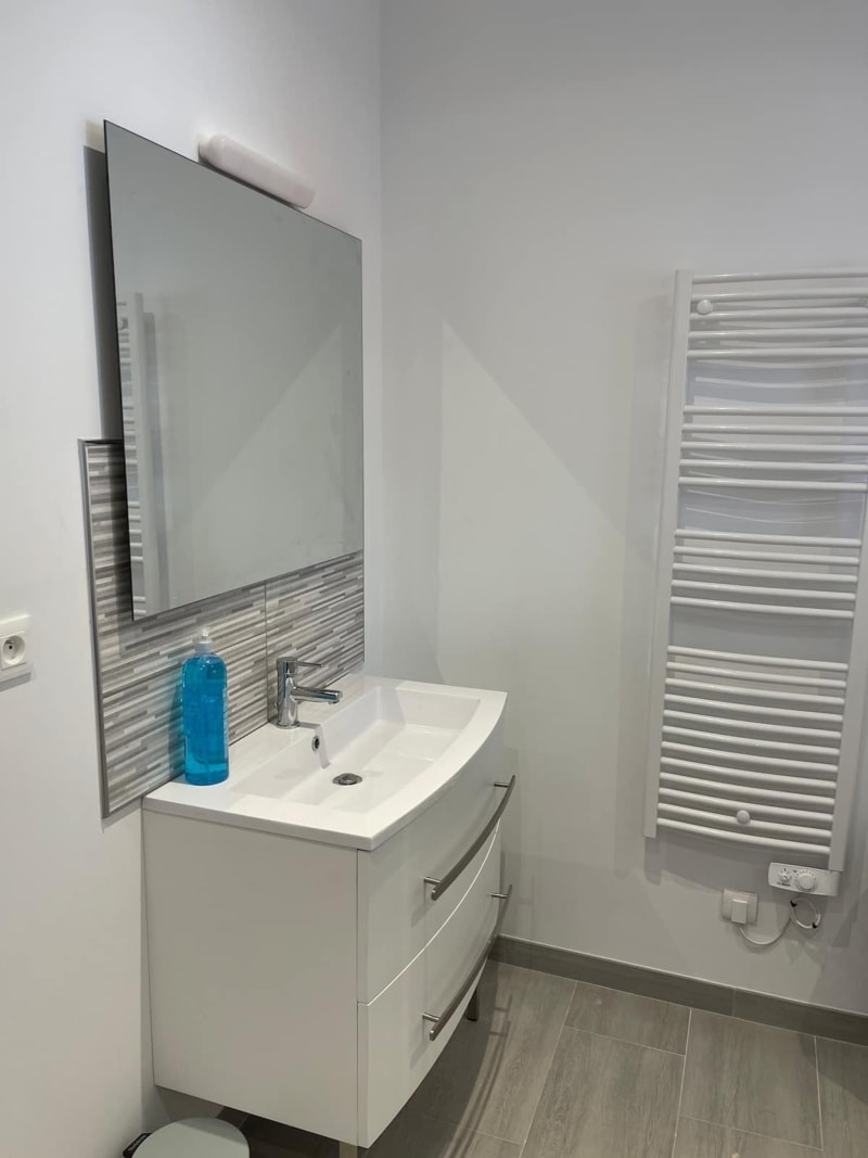 Lavabo moderne avec miroir armoire de la villa Les Gites De Flaubert au Héron, France