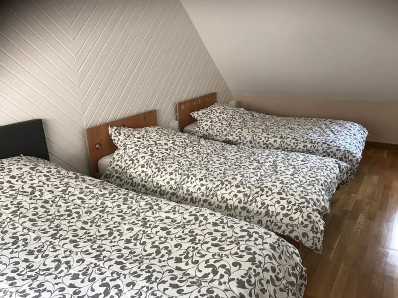 Chambre spacieuse aux Gites De Flaubert avec literie à motifs, têtes de lit en bois et plafond mansardé en chevrons