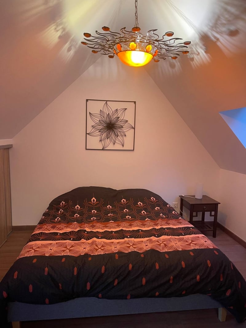 Chambre dans la villa Le gîte d'Emma aux Gites De Flaubert avec lustre ornementé et décoration murale artistique