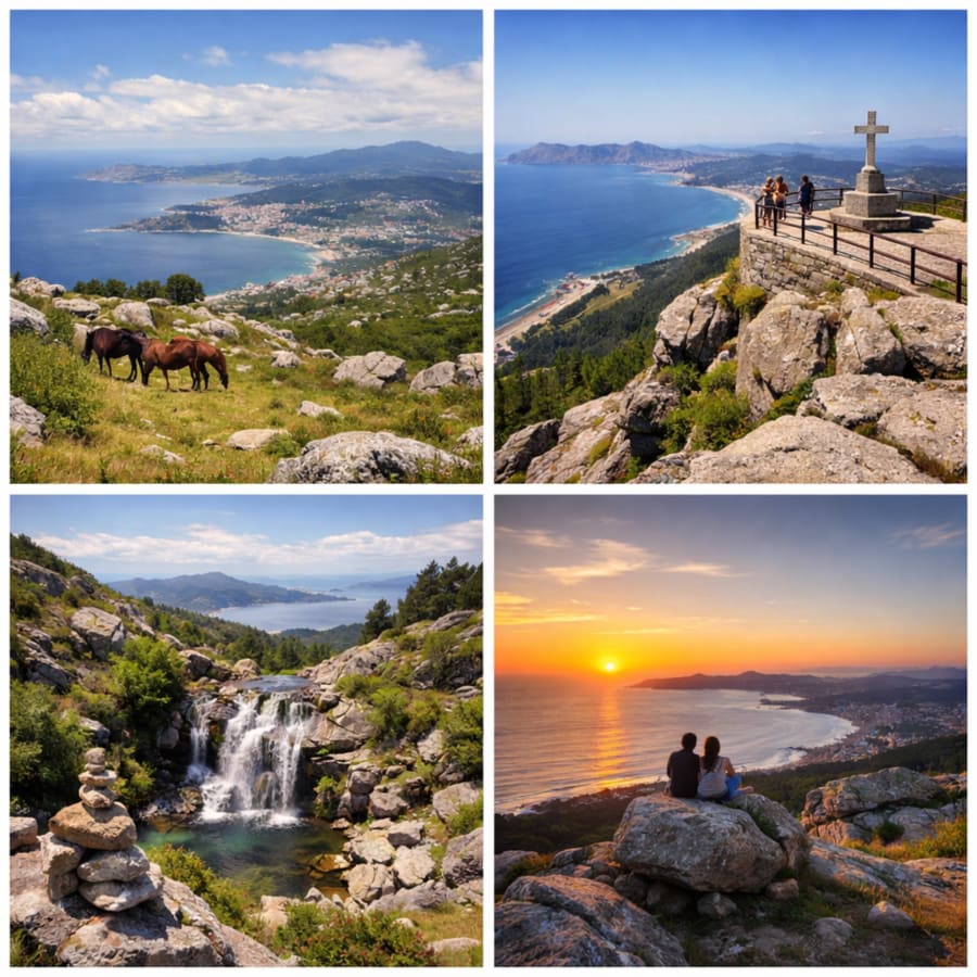 Composición fotográfica de la Serra da Groba con caballos, miradores, cascada y paisaje costero al atardecer