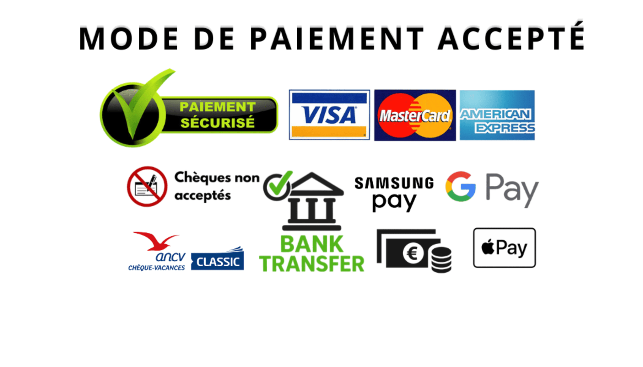 Modes de paiement acceptés : CB, Visa, Mastercard, Amex, Apple Pay, Google Pay, Samsung Pay, Chèques vacances ANCV, Virement. Chèques refusés.