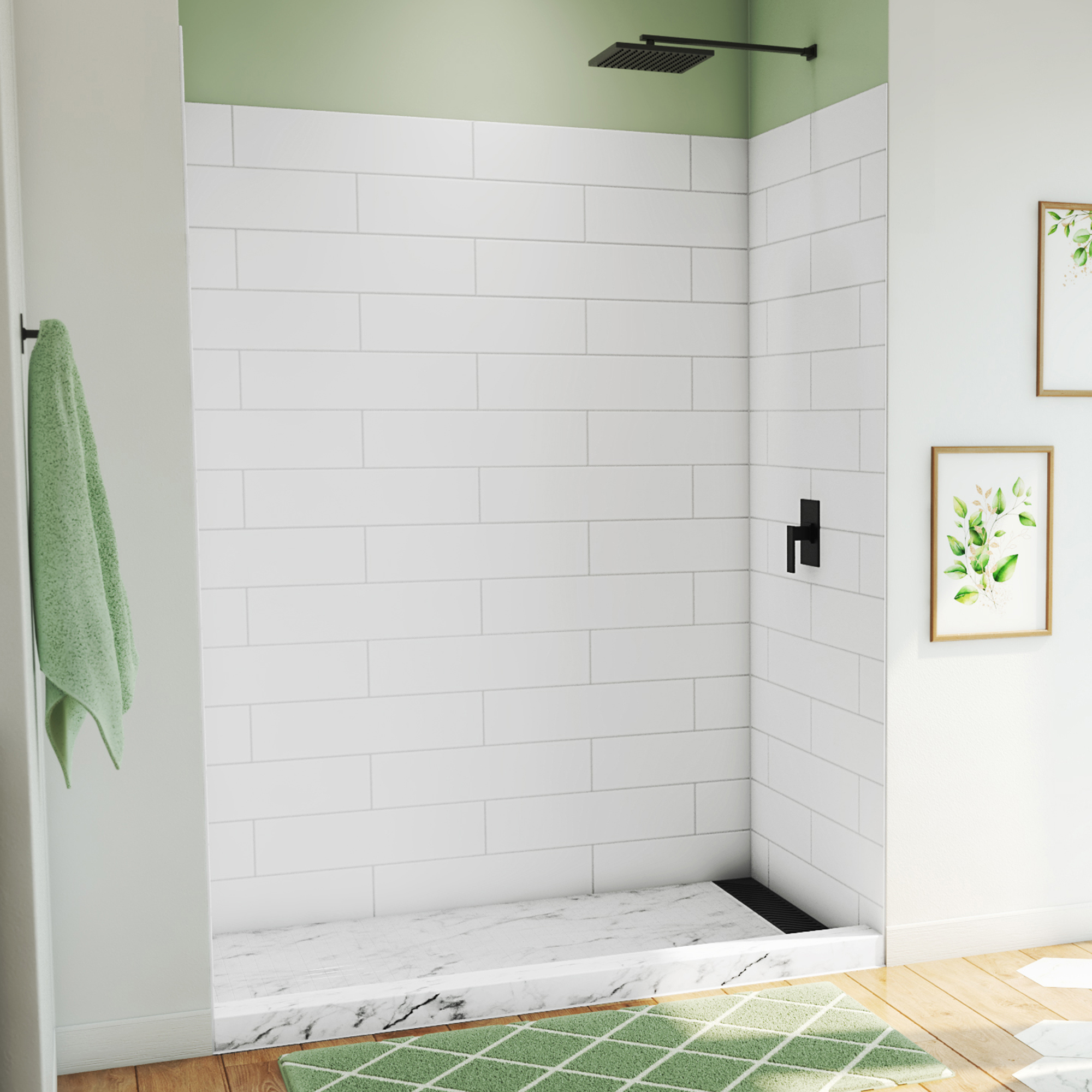 A walk-in shower featuring modern subway tile surrounds, a linear drain, and a rainfall shower head. Outside the shower, there is a matching green towel and mat.