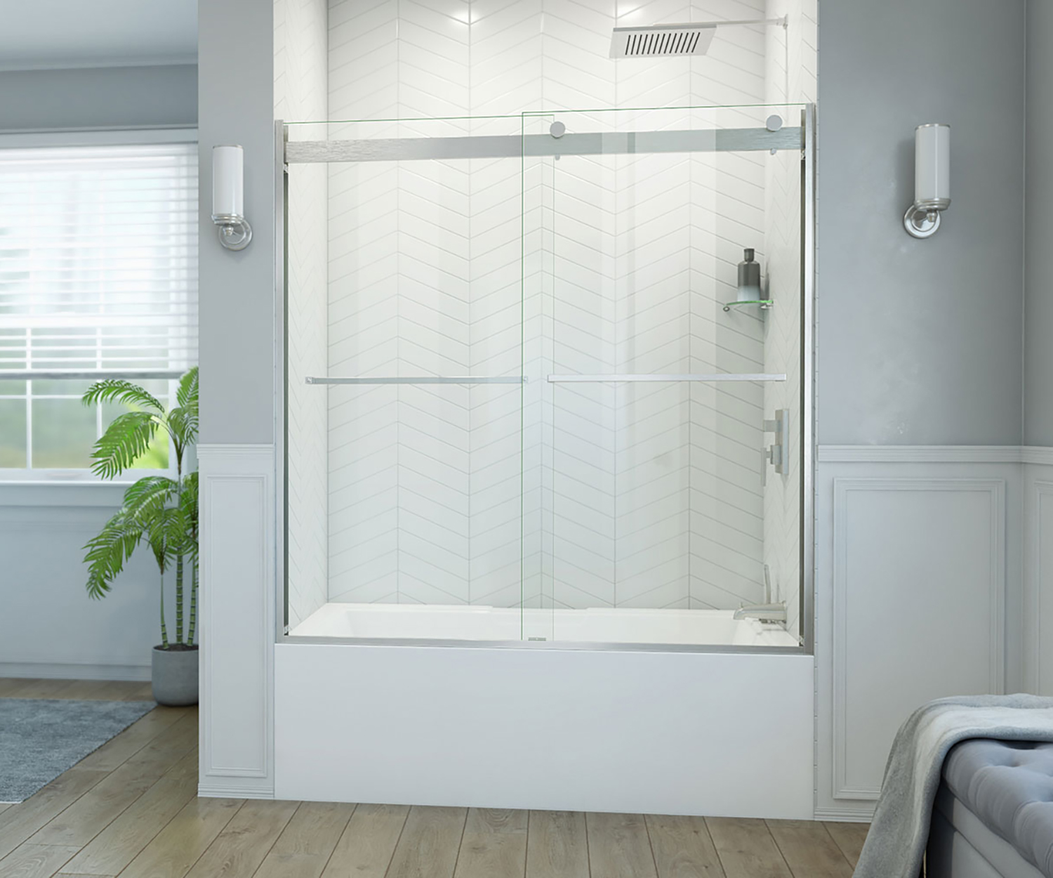Frameless Bypass Sliding Bathtub Door with Handle 56\, image size:1500x1250