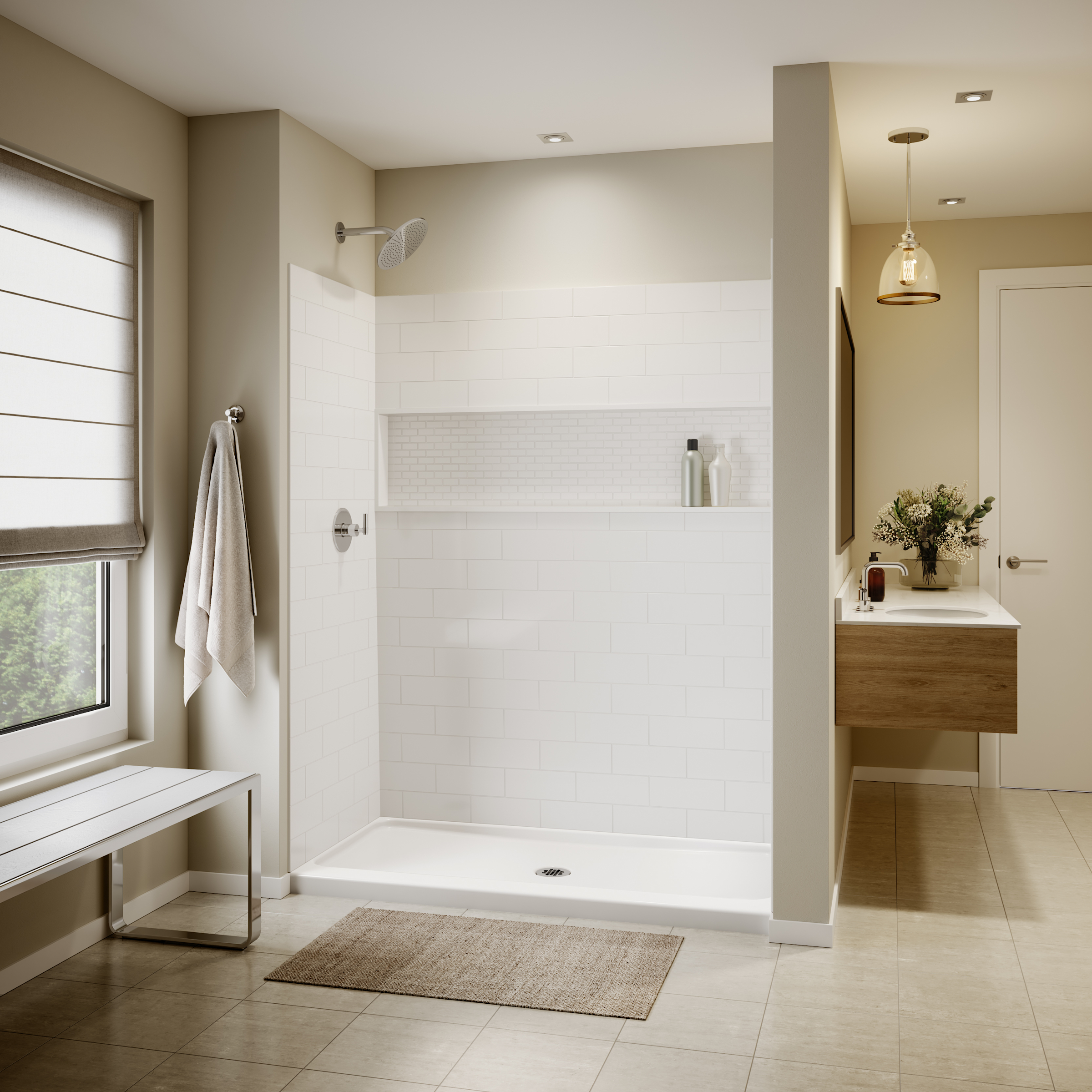 ShowerCast 60 in. x 30 in. Single Threshold Shower Pan in White with Modern Square Chrome Shower Drain Cover Right Drain ShowerCast 60 in. x 30 in. Single Threshold Shower Pan in White with Modern Square Chrome Shower Drain Cover Right Drain