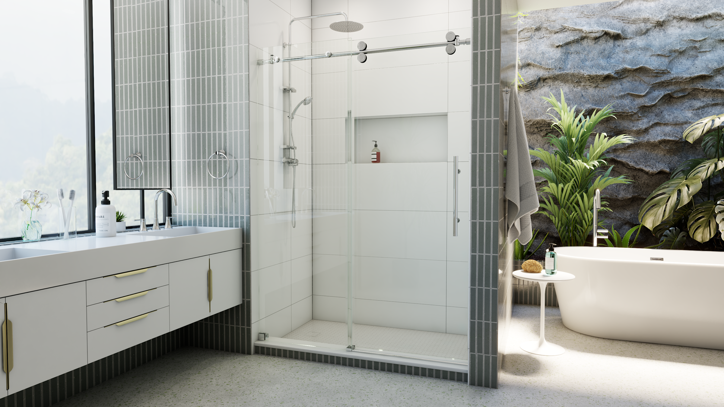 A walk-in shower featuring a chrome shower door pull handle, a waterfall shower head, and a green floor plant placed in the right corner.