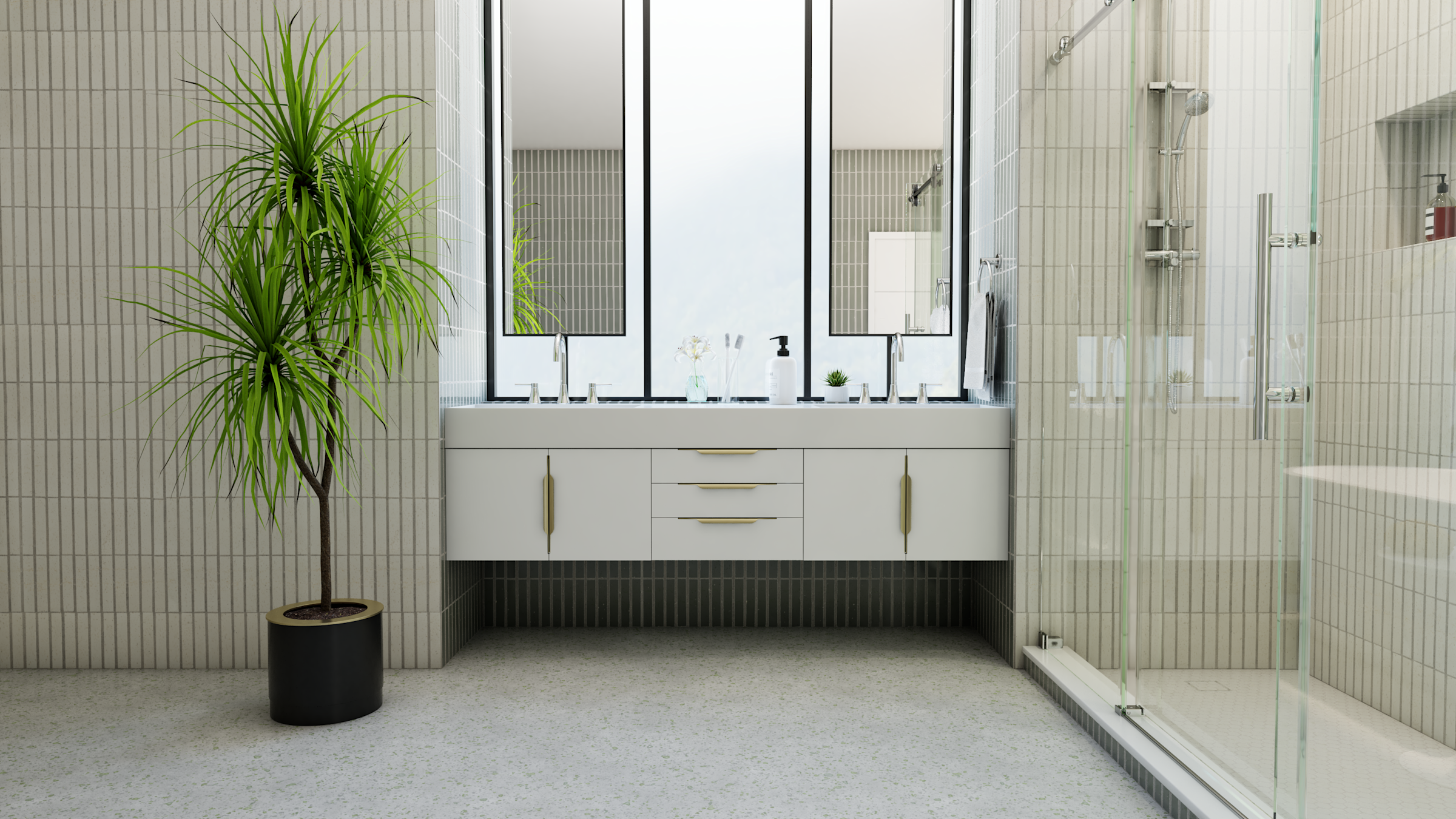 A beautiful bathroom showcasing a double sink white vanity, two oval mirrors, a grey rug, and wall-mounted lighting.