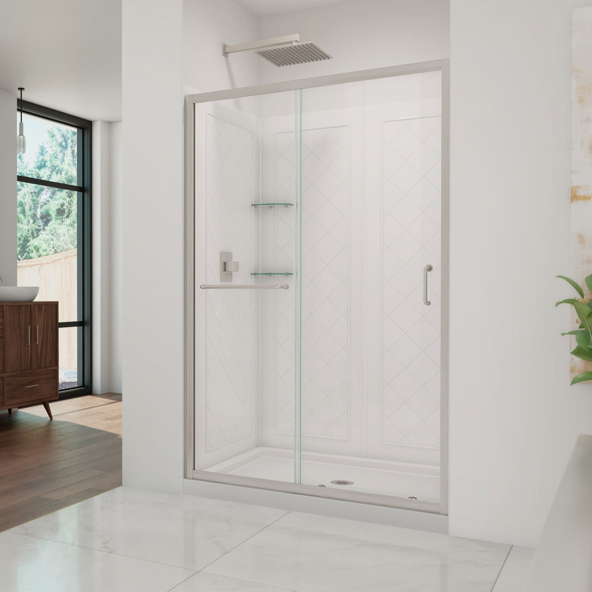 A walk-in shower with a glass door, glass corner shelves, and a rainfall shower head.