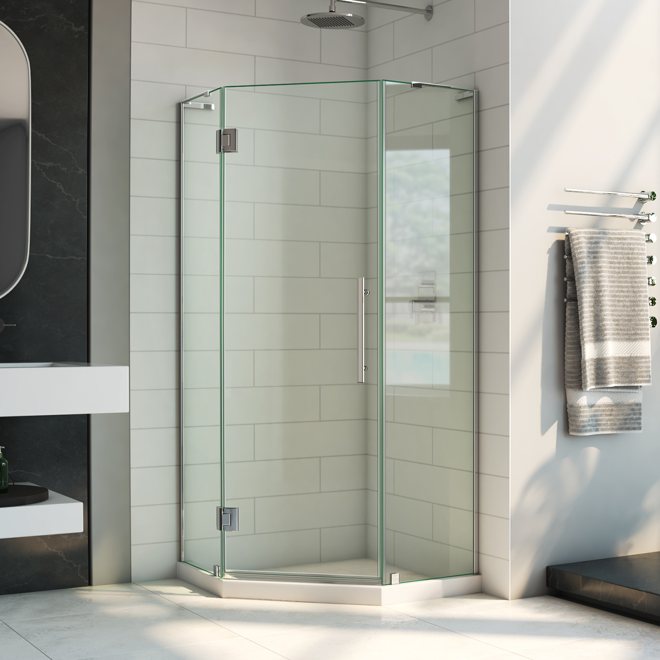 A shower featuring a neo-angle hinged shower enclosure, large hexagon tile surrounds, chrome accessories, and two shelves.