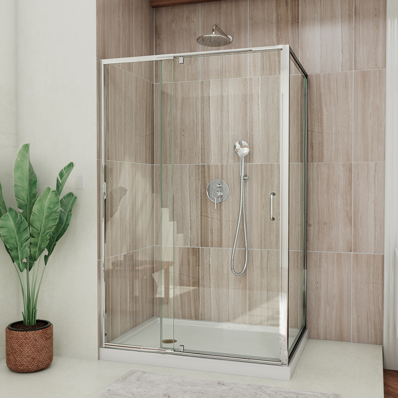 A shower featuring a pivot glass enclosure, tile surround, and chrome accessories. Additionally, there is a floor plant situated outside the shower.