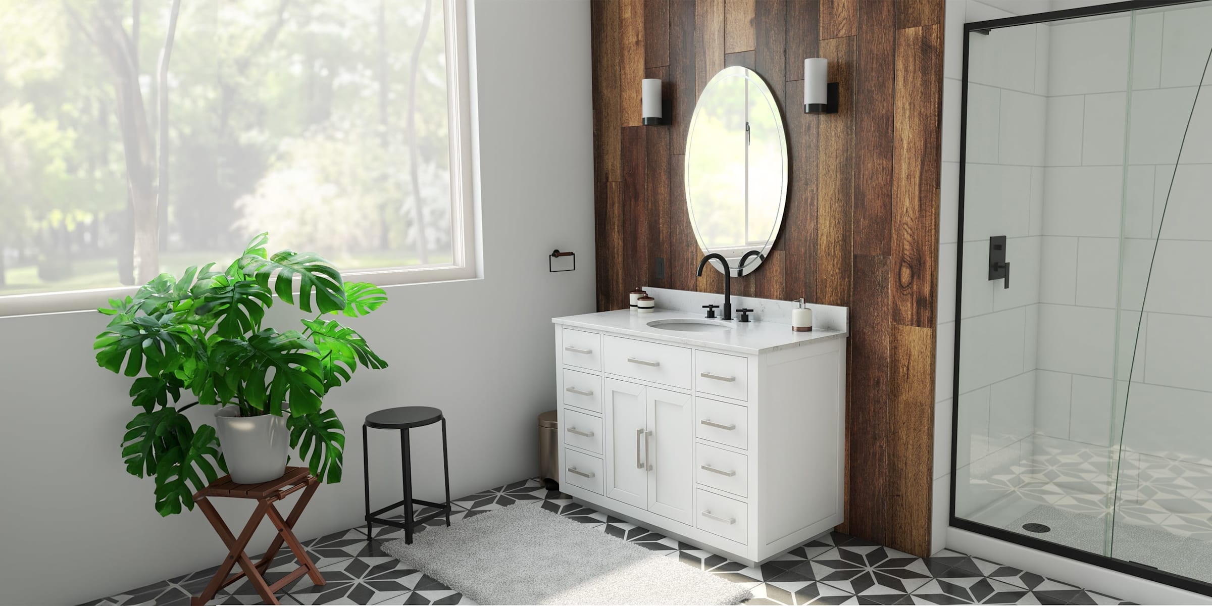 A bathroom featuring a wood bench with a green plant atop it, a white vanity cabinet with an oval mirror hanging above it, and a shower.