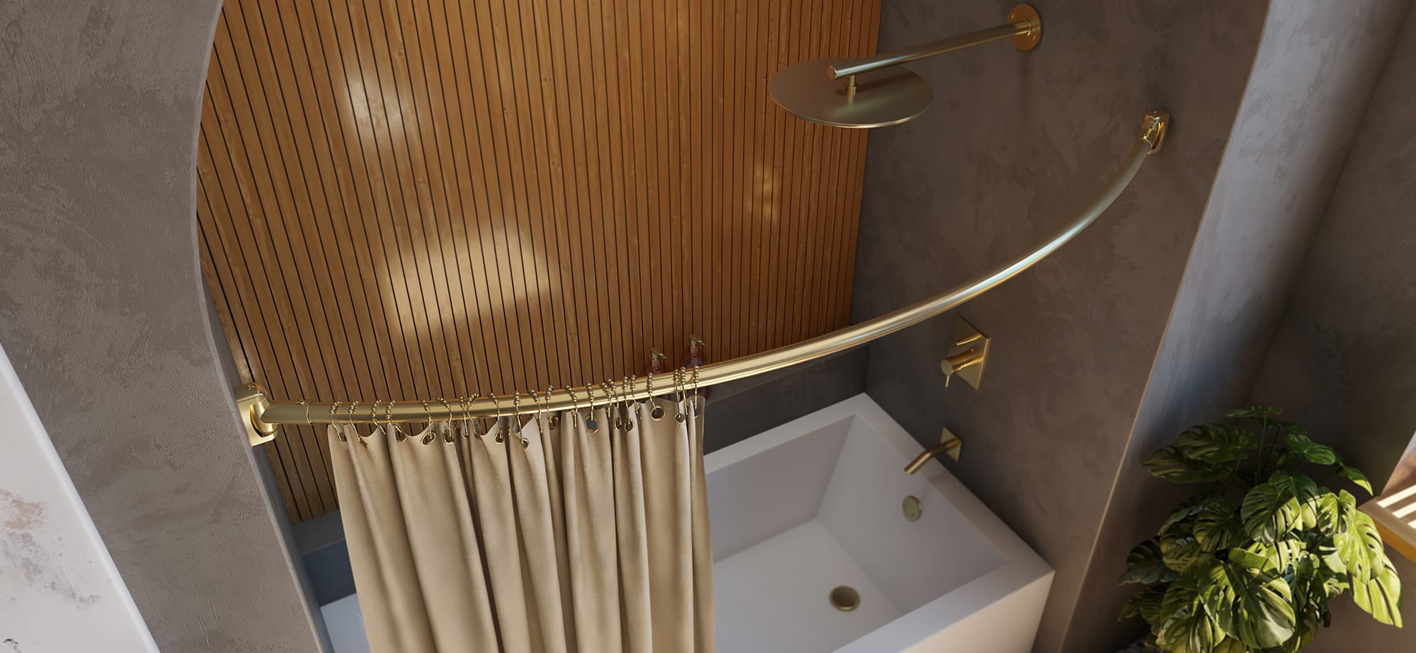 A white wall-mounted shower seat, accompanied by two corner glass shelves and a round terrazzo mirror.