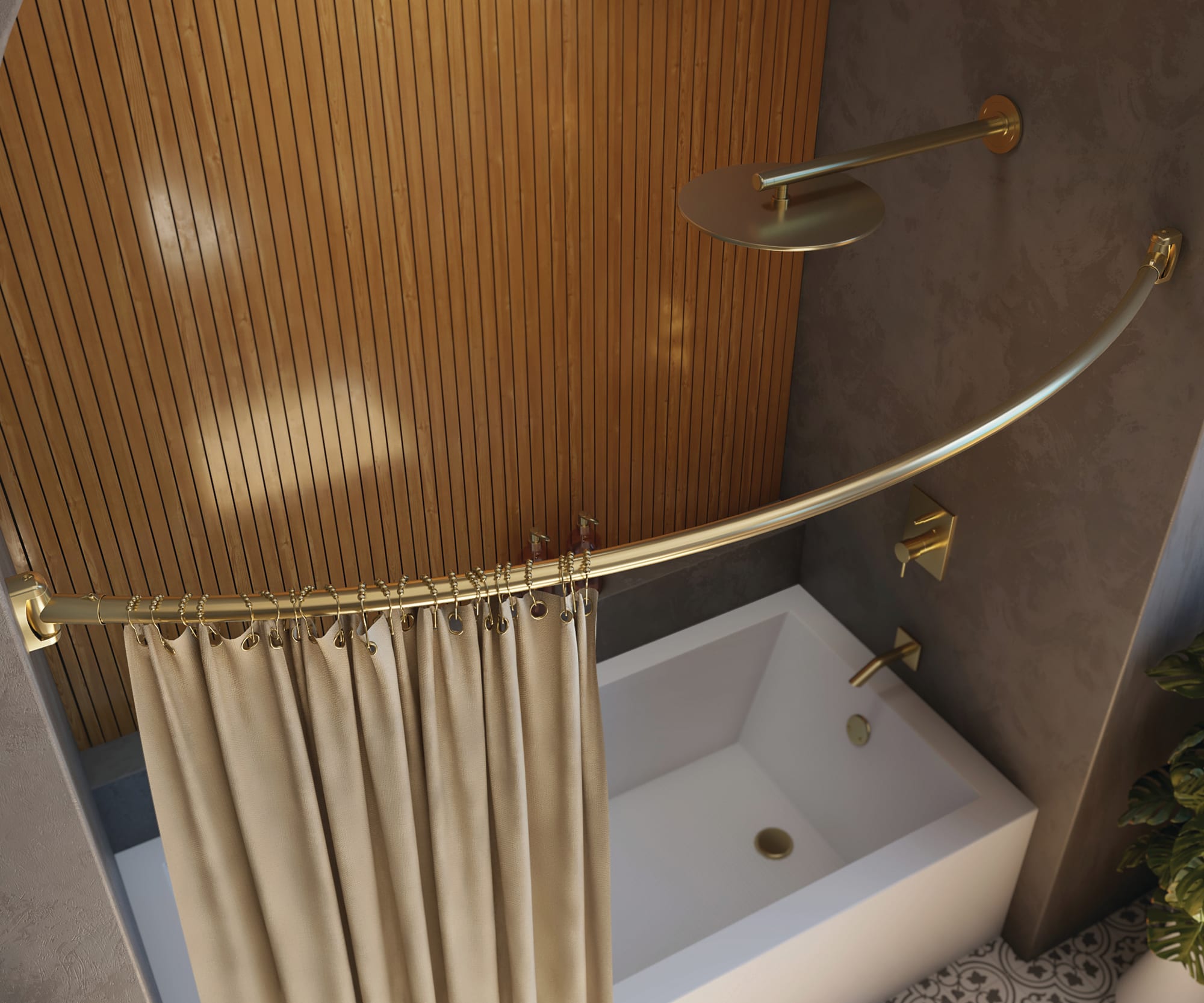 A white wall-mounted shower seat, accompanied by two corner glass shelves and a round terrazzo mirror.
