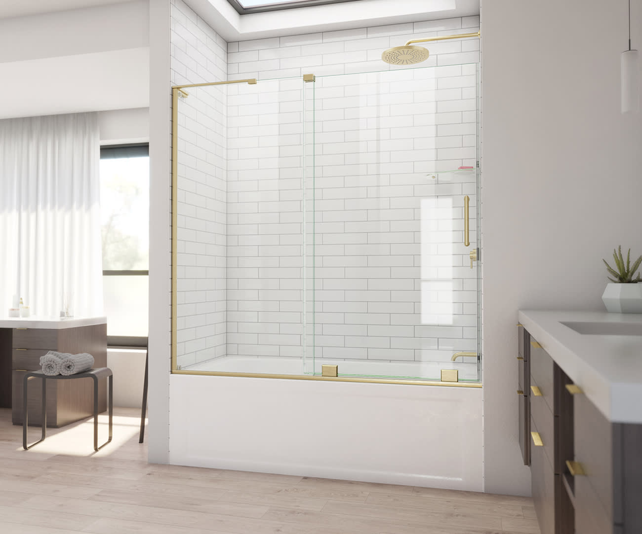 A bathroom featuring a shelf, a tub shower, and a double sink vanity with a mirror.