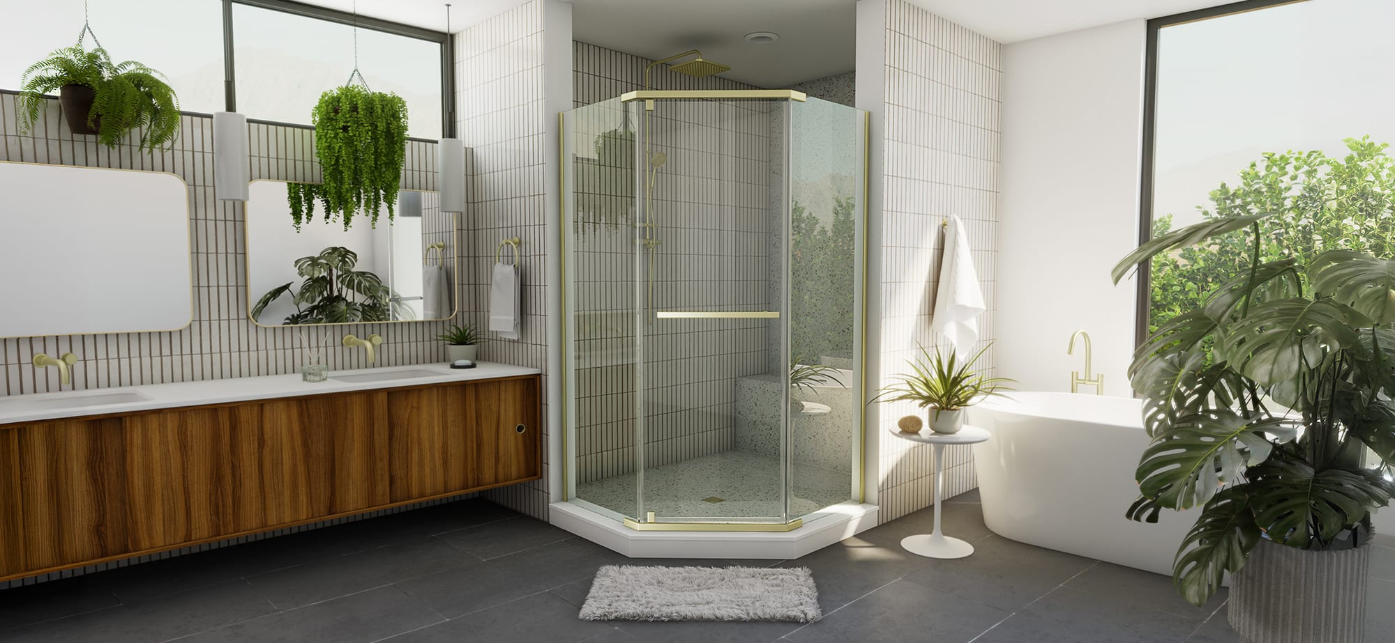 A bathroom with a corner shower featuring a glass prism enclosure, tile surrounds, and a rainfall shower head.