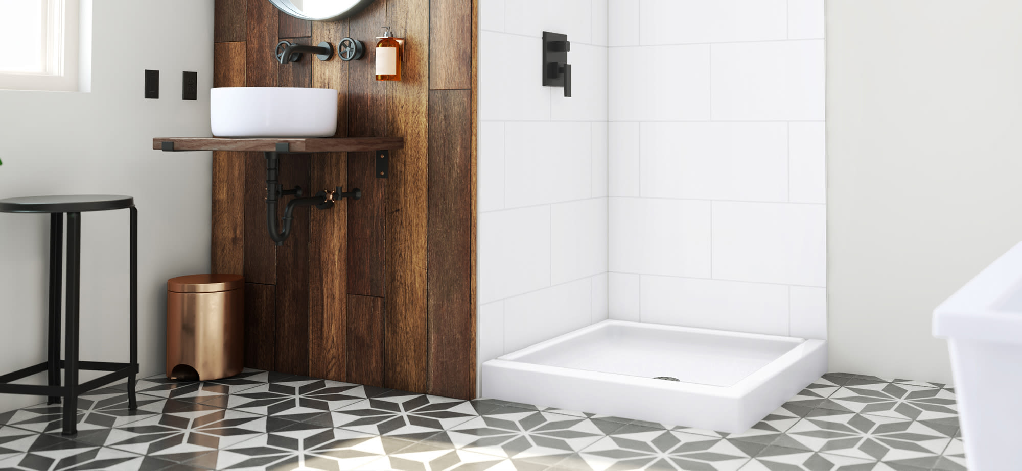 An up-close image of a faucet running in a freestanding tub, with a walk-in shower featuring a center drain visible to the left.