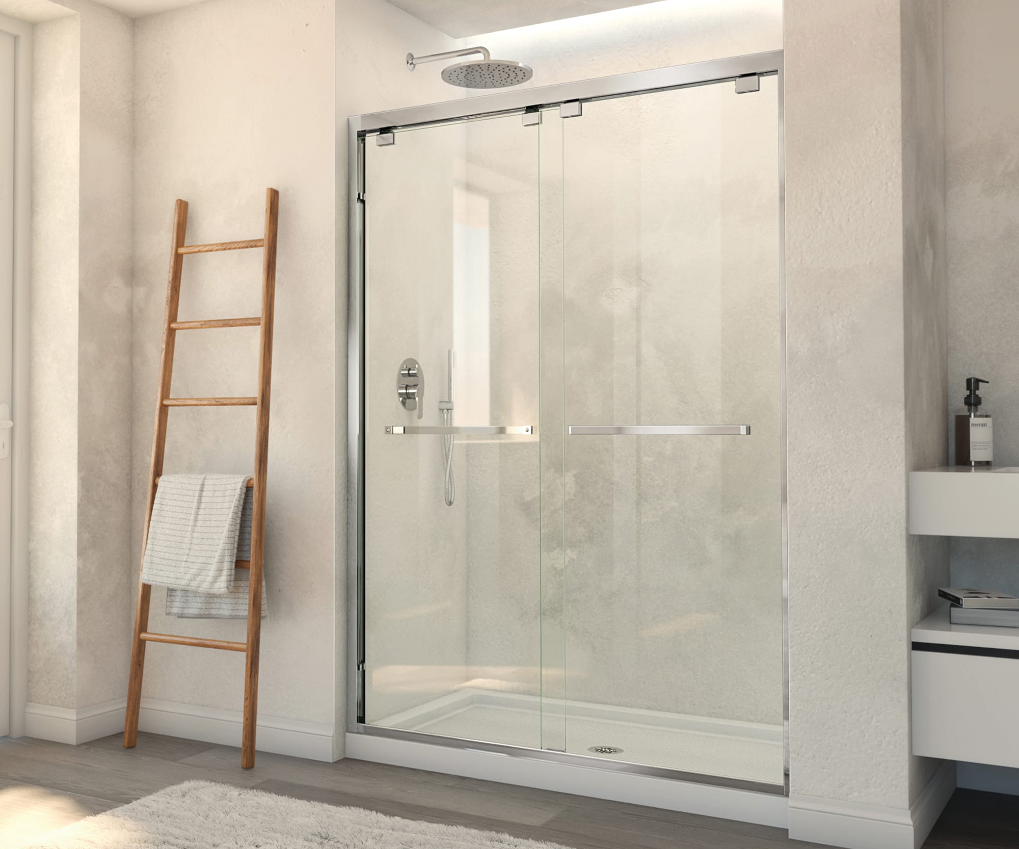 A walk-in shower accompanied by a towel ladder holding a white towel, with a white door leading to the outside nearby.