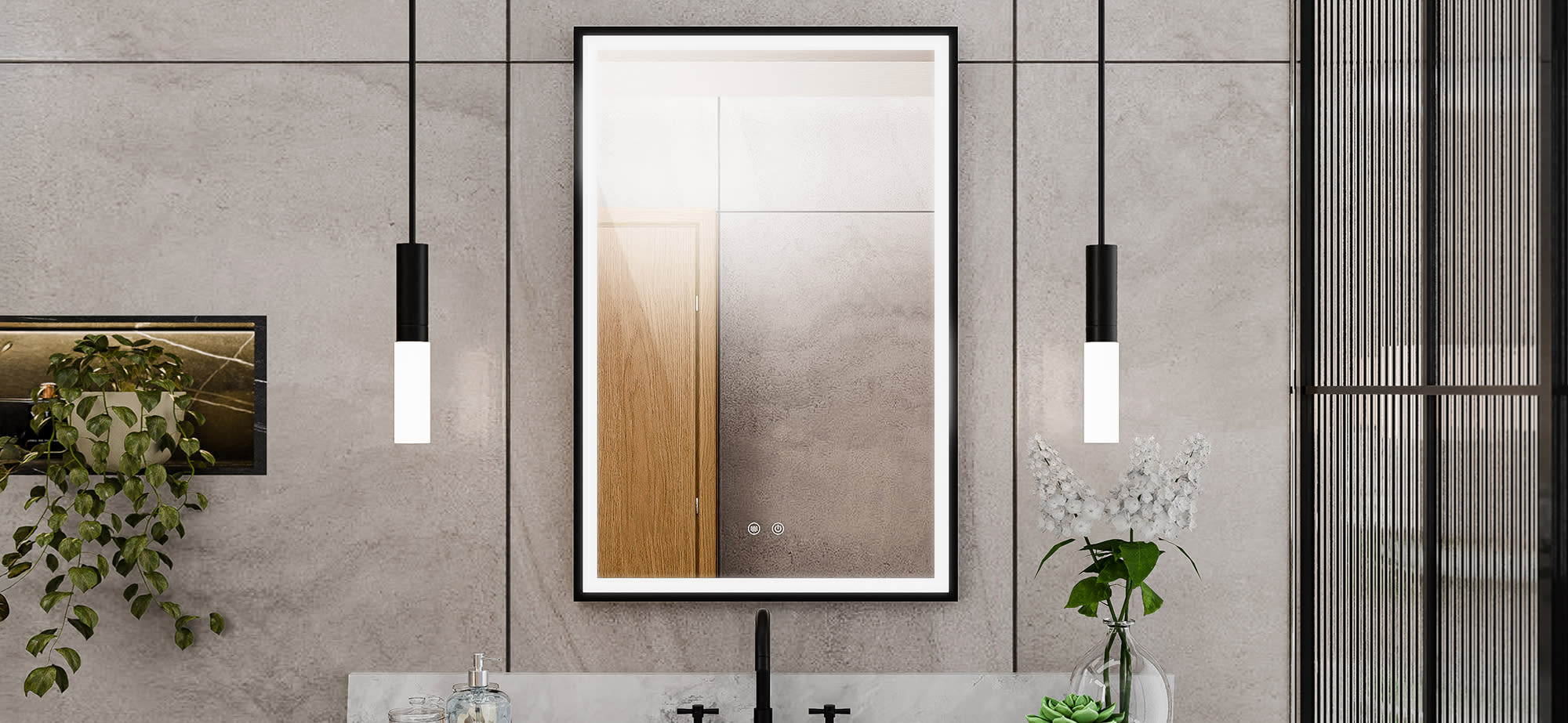 A close-up image of a glass corner shower shelf mounted on a white tile wall.
