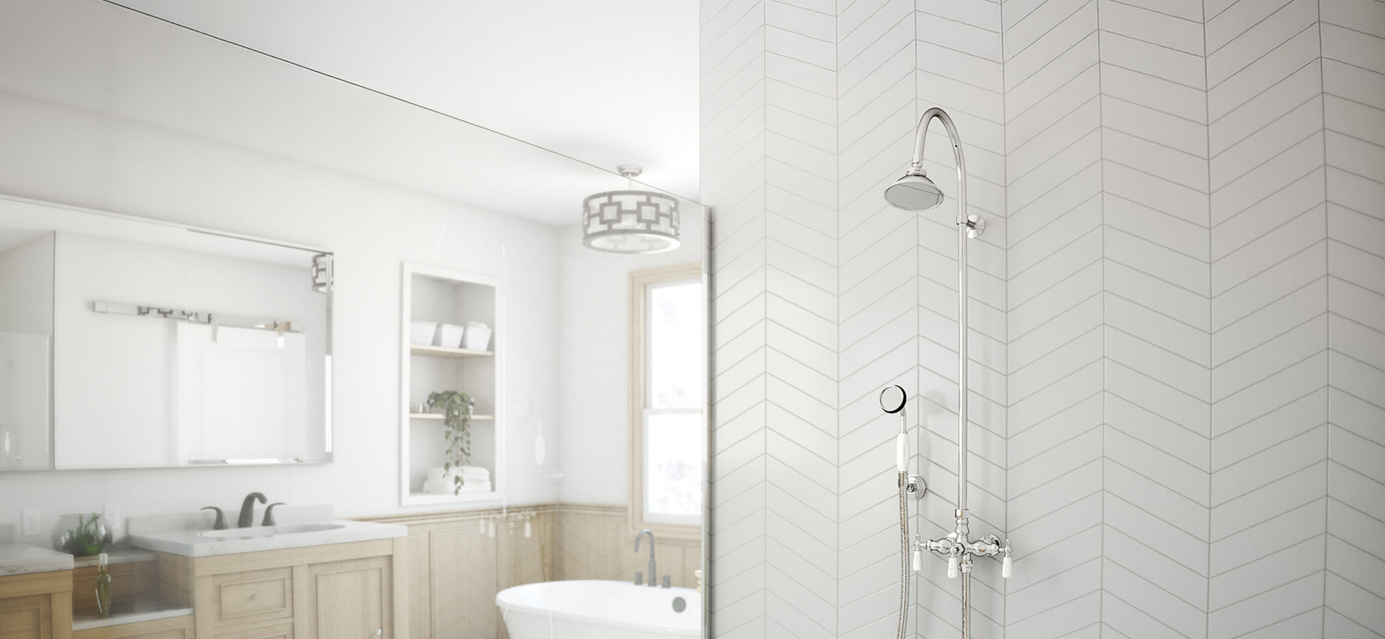 A bathroom featuring a large square mirror, vanity cabinet and sink, freestanding tub, and a chrome shower faucet.