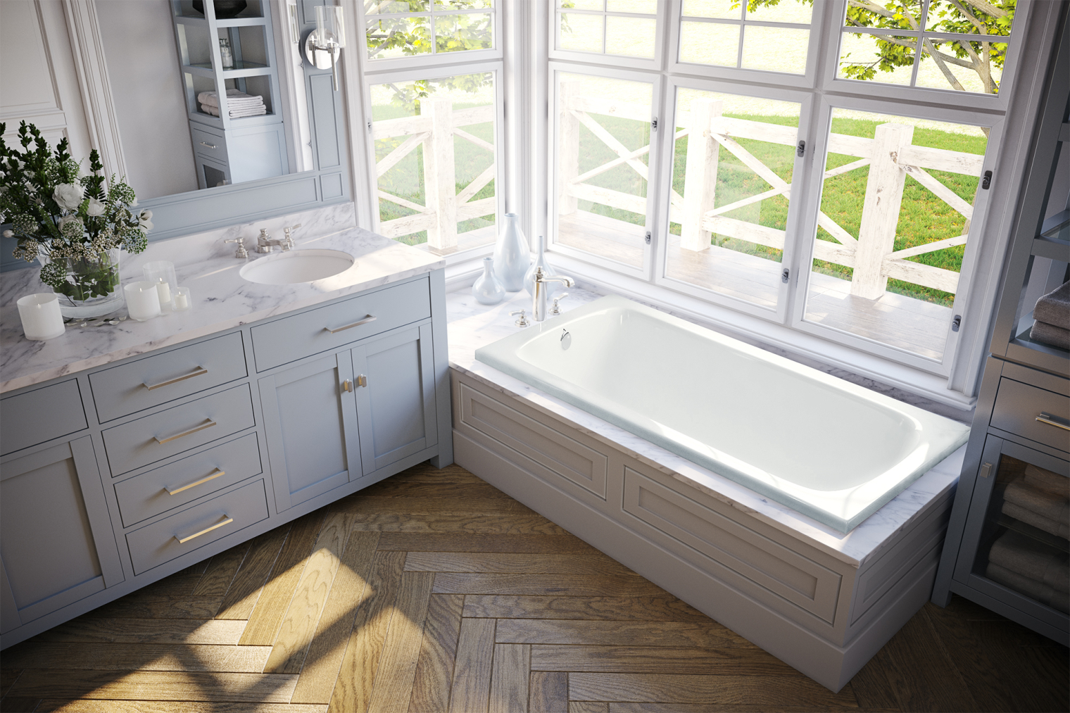 Gray tone bathroom with wood floor and a soaker tub next to an open window overlooking back yard.