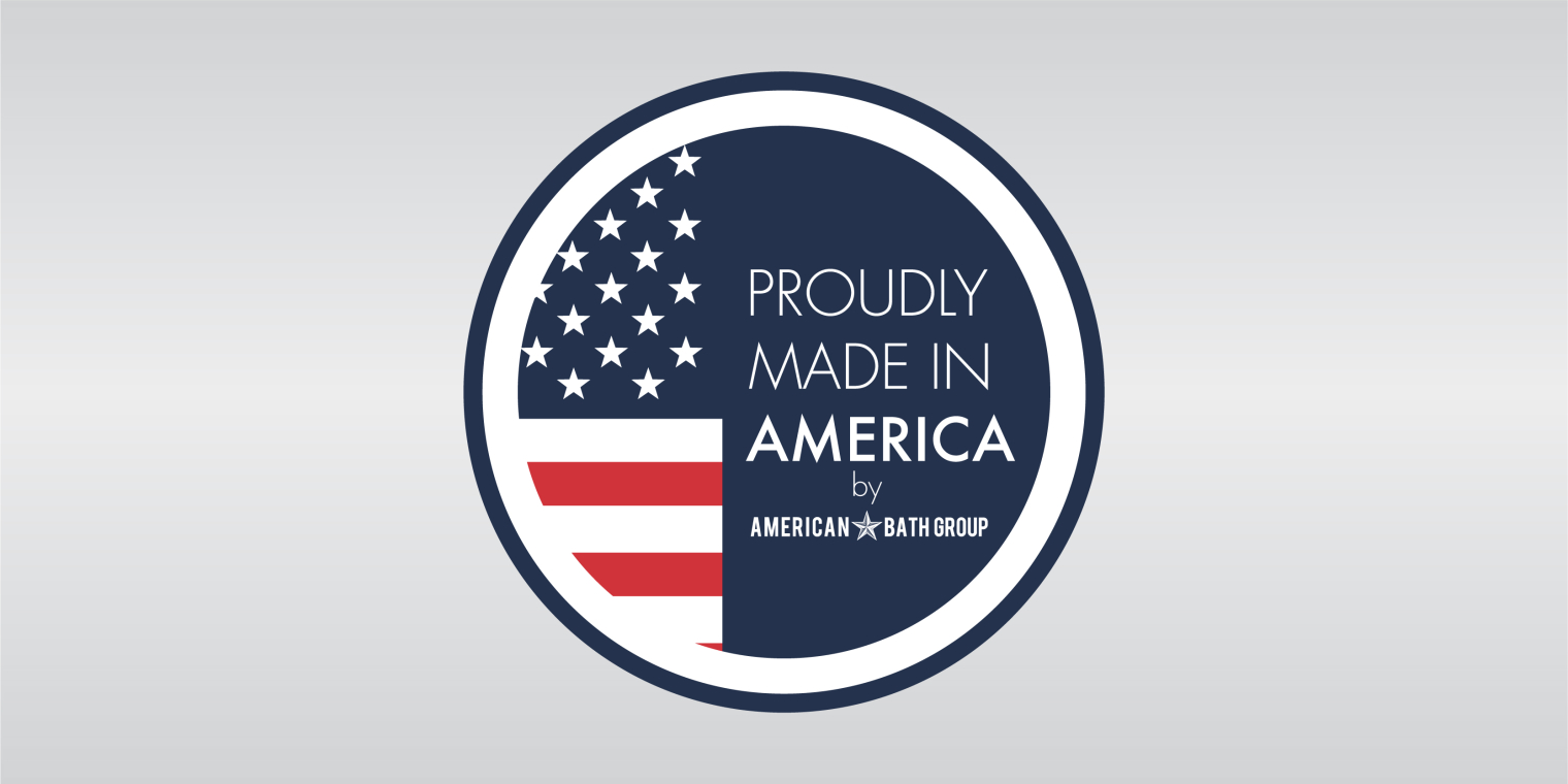Made in USA Whirlpool Tub Manufacturer A sticker with American Flag theme that reads "Proudly Made In America by American Bath Group"