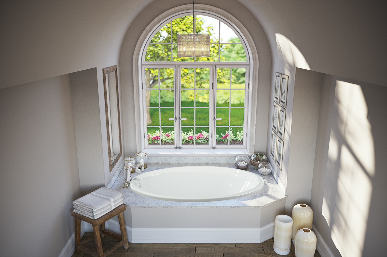 Beautiful scene of whirlpool tub near window with no blinds overlooking back yard.