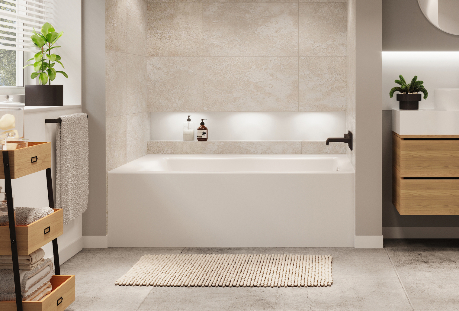 Image of a platform tub in a tiled bathroom with a plant on the window seal.