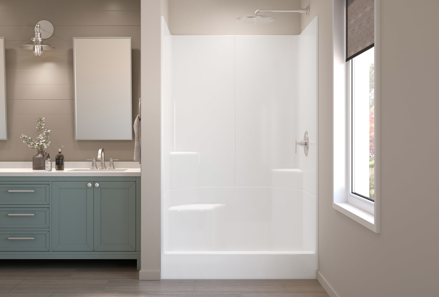 Image of a low threshold shower in a bathroom that has tile flooring.