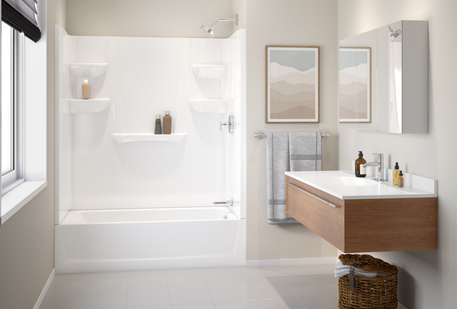 Bathroom scene with tub shower with 5 shelves featured in a modern bathroom.