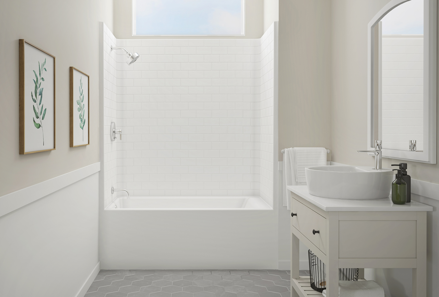 Image of a bathroom and tub-shower combo with subway tile.