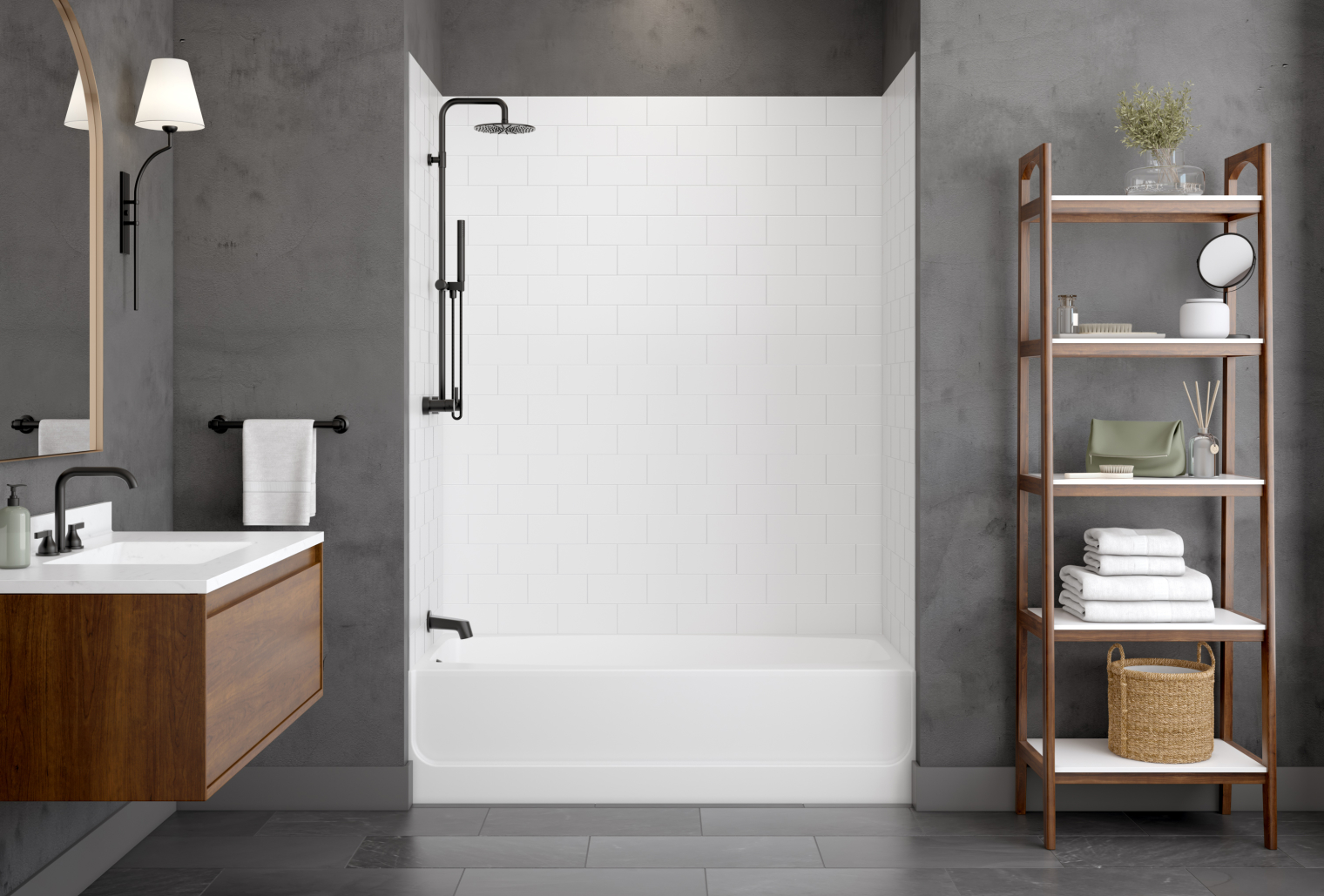 Modern bathroom with gray textured walls featuring Swan Novaline Collection shower.