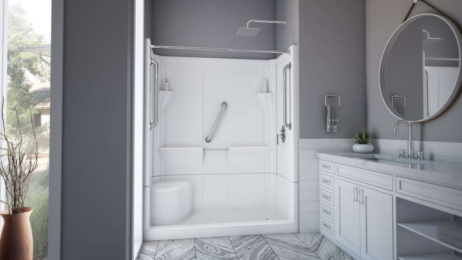 Picture of a female washing her shoulder in a spacious shower with a reflection.