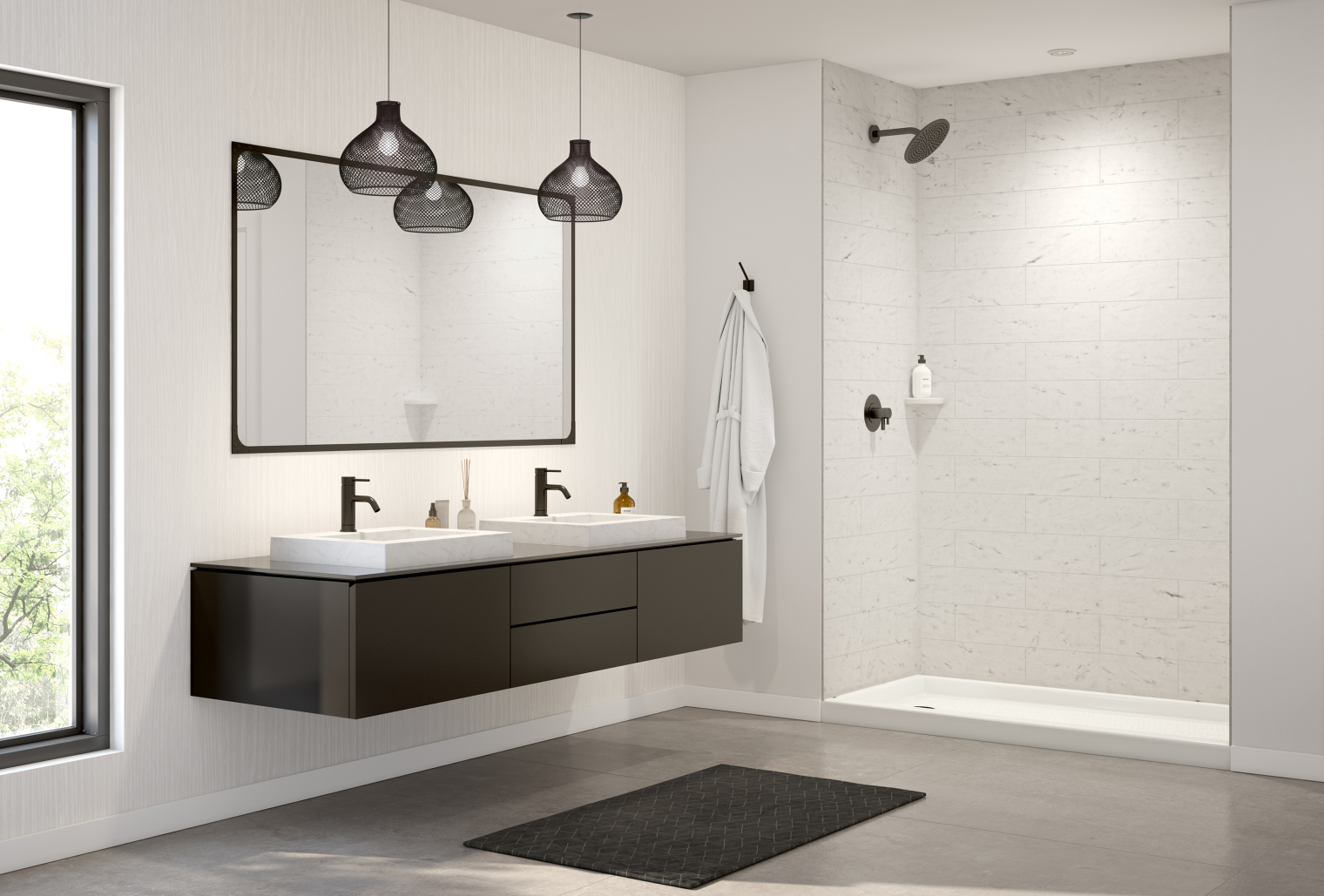 Swanstone Carrara shower walls with a white low threshold shower pan and floating vanity