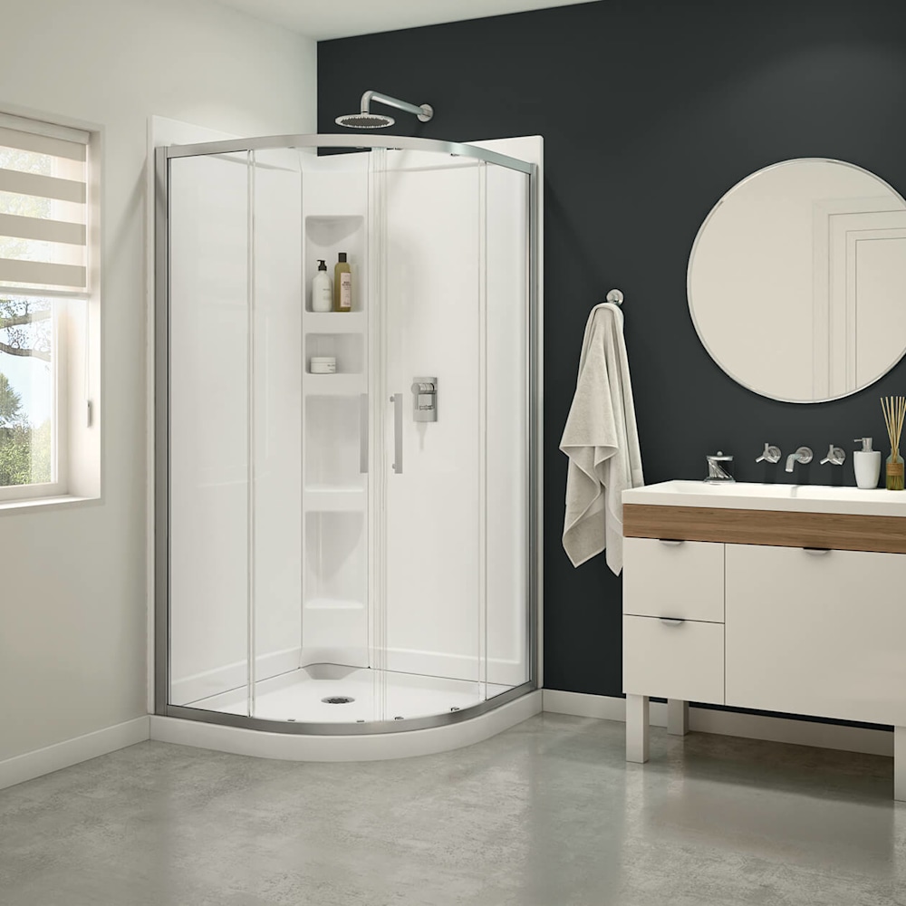 Daisy 38 x 38 Acrylic Center Drain Shower Kit in White with Clear