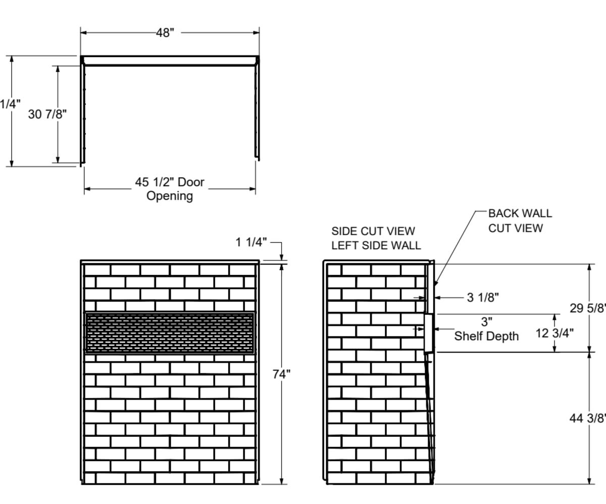NexTile 4834 Direct-to-Stud Four-Piece Shower Wall Kit — dimensional drawing & specifications