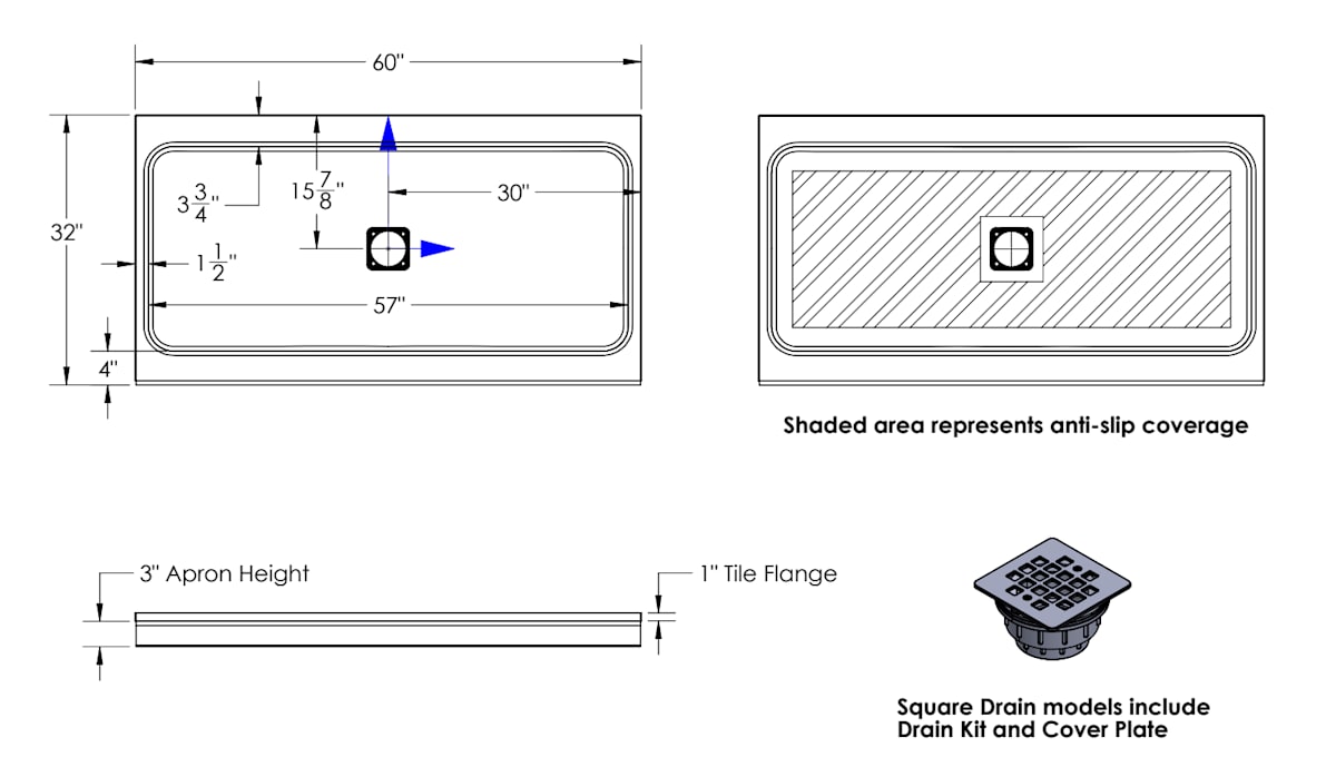 Princeton PRO 60 x 32 x 3  Porcelain Enamel Alcove Shower Base - Square Drain — dimensional drawing & specifications