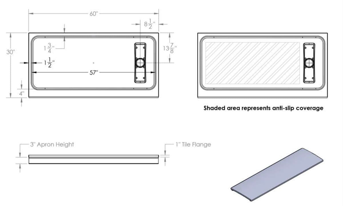 Princeton PRO 60 x 30 x 3  Porcelain Enamel Alcove Shower Base - Brushed Nickel Trench Drain 8 1/2" in. from Wet Wall — dimensional drawing & specifications